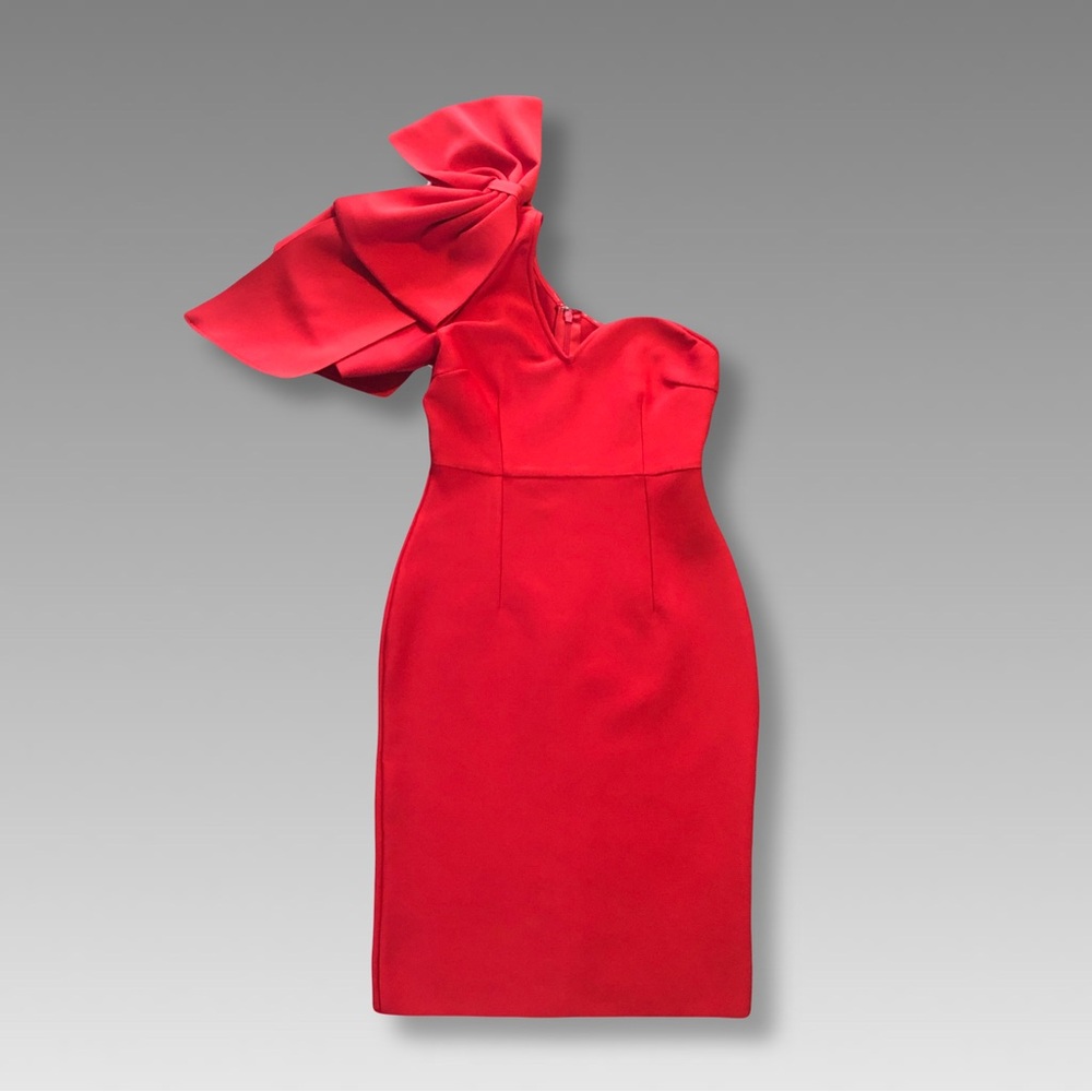 One Shoulder RED Midi Sheath Dress Bow Detail Sleeveless Back Slit Size S - Picture 1 of 6